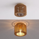 Brindle 8 in. 1-Light Modern Bohemian Metal and Cross Woven Paper Rope Drum LED Flush Mount