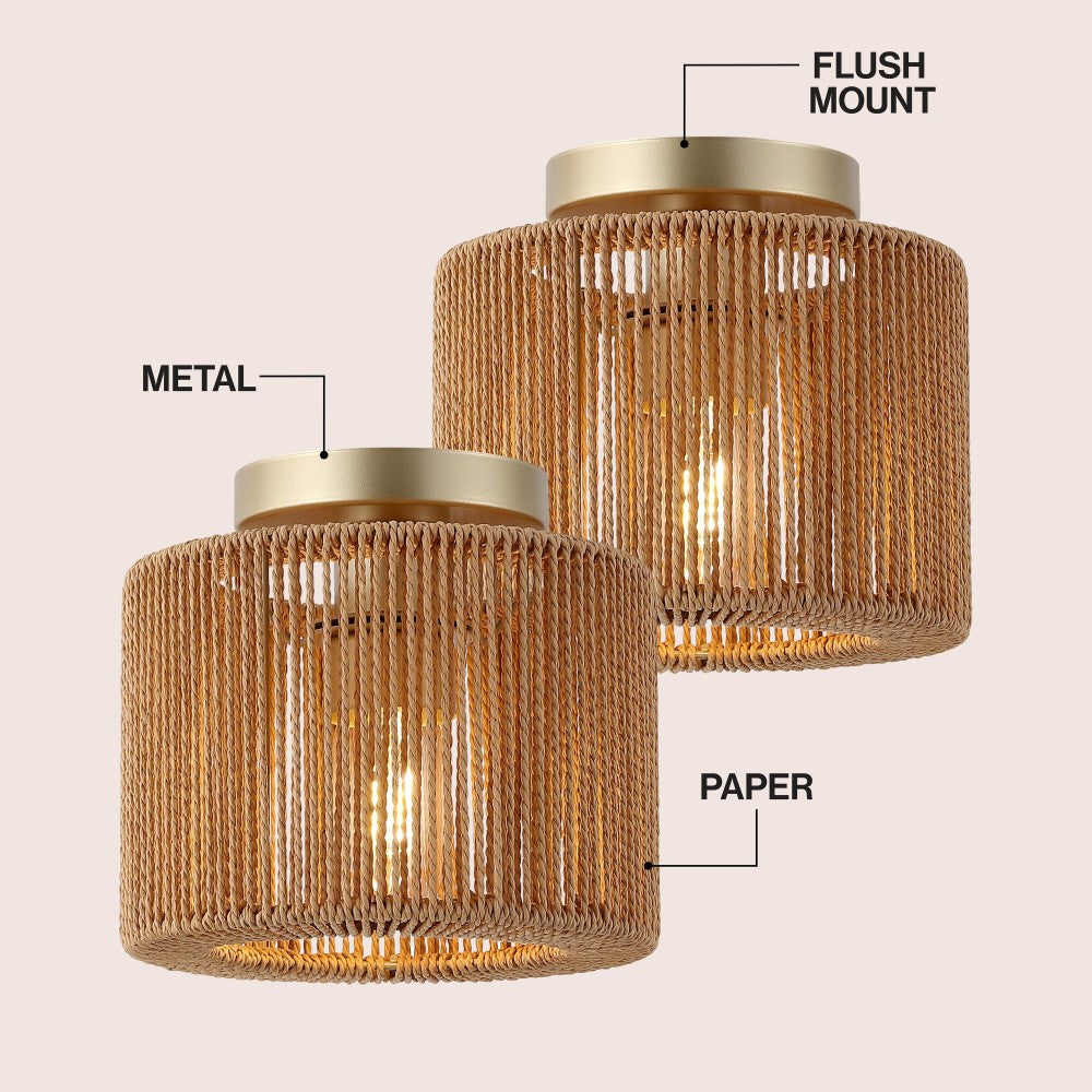 Brindle 8 in. 1-Light Modern Bohemian Metal and Cross Woven Paper Rope Drum LED Flush Mount