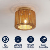 Brindle 8 in. 1-Light Modern Bohemian Metal and Cross Woven Paper Rope Drum LED Flush Mount