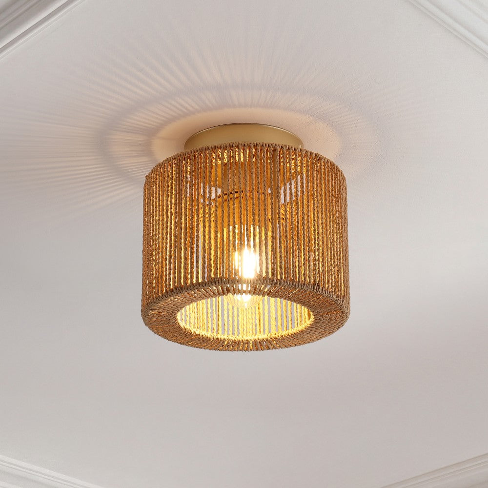 Brindle 8 in. 1-Light Modern Bohemian Metal and Cross Woven Paper Rope Drum LED Flush Mount