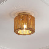 Brindle 8 in. 1-Light Modern Bohemian Metal and Cross Woven Paper Rope Drum LED Flush Mount