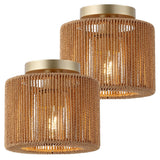 Brindle 8 in. 1-Light Modern Bohemian Metal and Cross Woven Paper Rope Drum LED Flush Mount