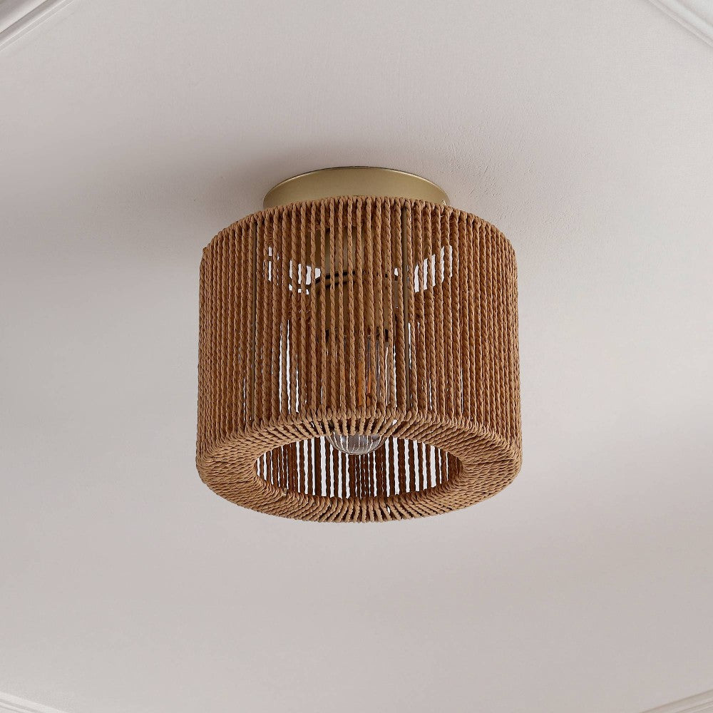 Brindle 8 in. 1-Light Modern Bohemian Metal and Cross Woven Paper Rope Drum LED Flush Mount
