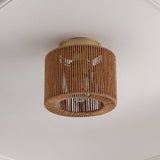 Brindle 8 in. 1-Light Modern Bohemian Metal and Cross Woven Paper Rope Drum LED Flush Mount