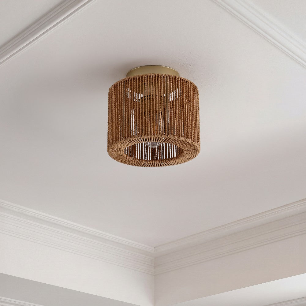 Brindle 8 in. 1-Light Modern Bohemian Metal and Cross Woven Paper Rope Drum LED Flush Mount