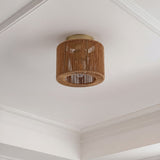 Brindle 8 in. 1-Light Modern Bohemian Metal and Cross Woven Paper Rope Drum LED Flush Mount