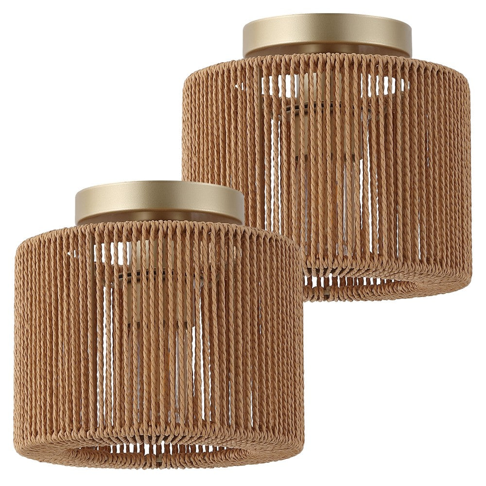 Brindle 8 in. 1-Light Modern Bohemian Metal and Cross Woven Paper Rope Drum LED Flush Mount