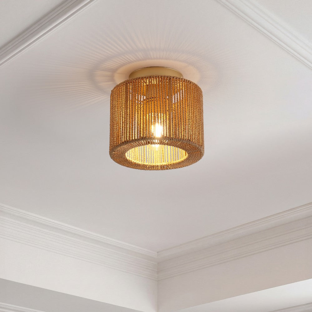 Brindle 8 in. 1-Light Modern Bohemian Metal and Cross Woven Paper Rope Drum LED Flush Mount