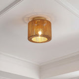Brindle 8 in. 1-Light Modern Bohemian Metal and Cross Woven Paper Rope Drum LED Flush Mount