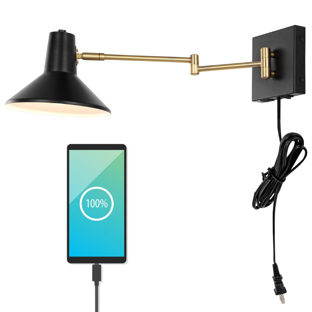 Hayes 16" Swing Arm Modern Midcentury Iron USB Charging Port LED Sconce