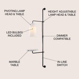 Exposed 11.5" Contemporary Industrial Iron Plug-In with Adjustable White Marble Table LED Sconce