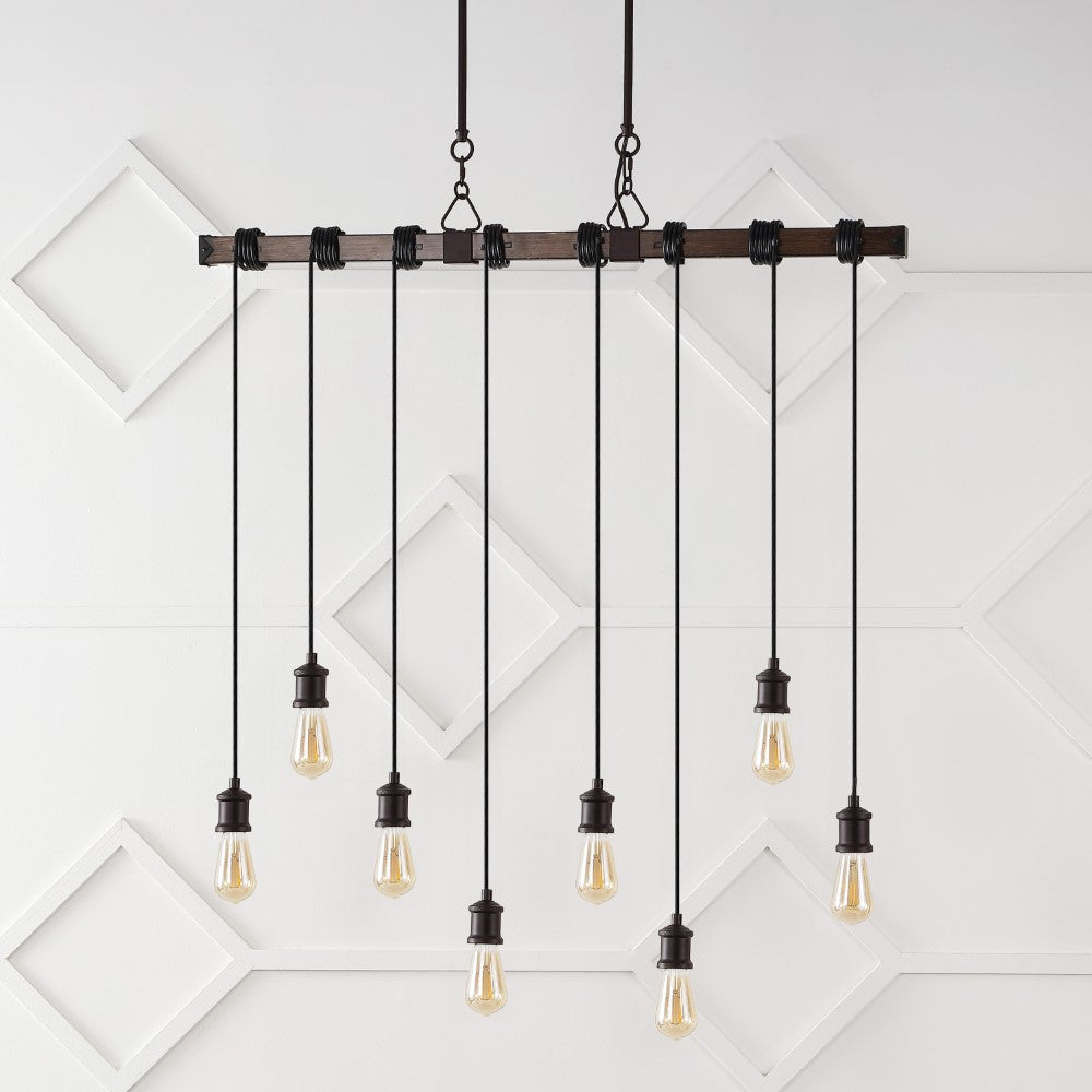 Hinkley 40" 8-Light Vintage Industrial Driftwood Iron LED Linear Chandelier with Height Adjustable Bulbs