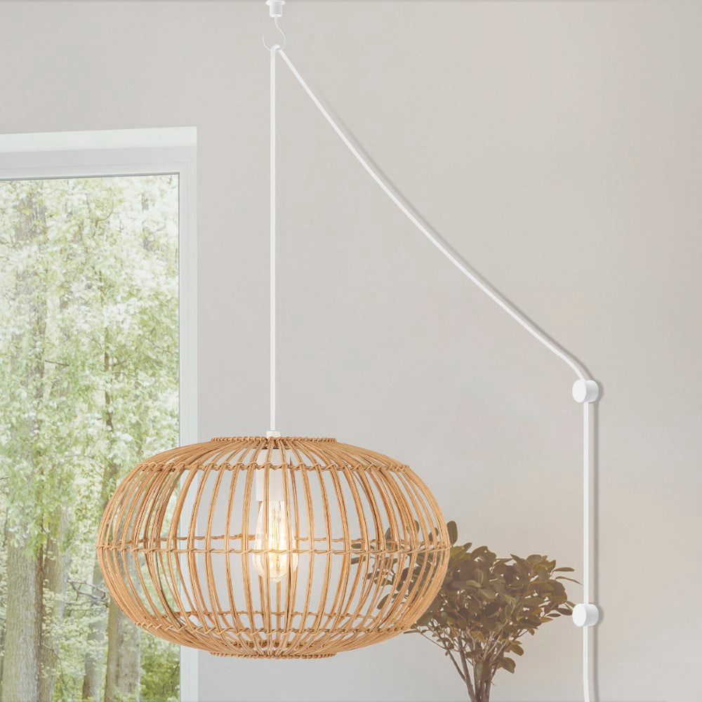 Lucas 17.5" Farmhouse Coastal Rattan 180" Cord Plug-In or Hardwired LED Pendant