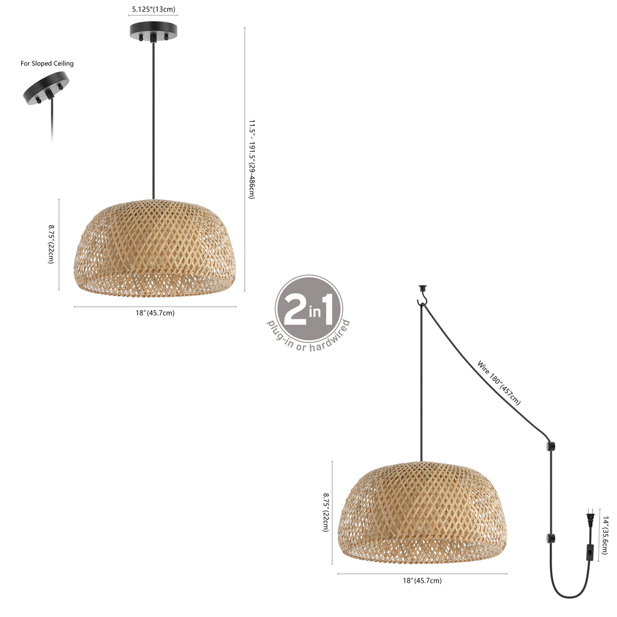 LITFAD 18" Farmhouse Coastal Bamboo 180" Cord Plug-In or Hardwired LED Pendant