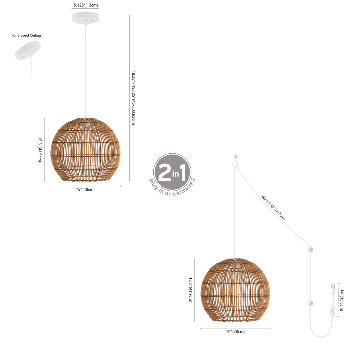 Colette 19" Farmhouse Coastal Rattan 180" Cord Plug-In or Hardwired LED Pendant