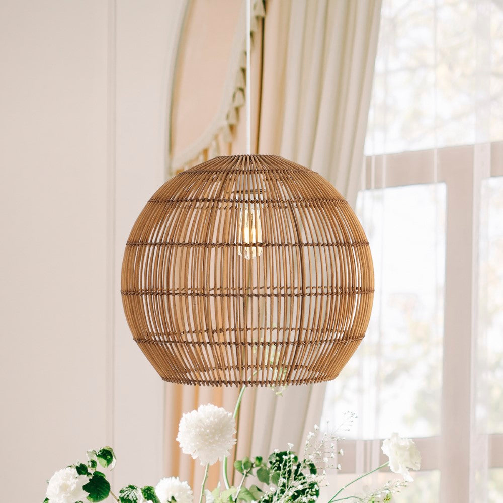 Colette 19" Farmhouse Coastal Rattan 180" Cord Plug-In or Hardwired LED Pendant