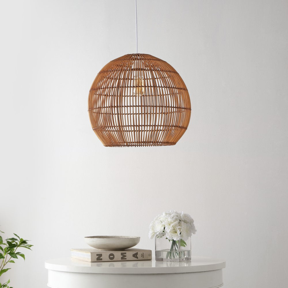 Colette 19" Farmhouse Coastal Rattan 180" Cord Plug-In or Hardwired LED Pendant