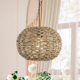 Hoot 14" Farmhouse Coastal Rattan 180" Cord Plug-In or Hardwired LED Pendant