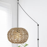 Hoot 14" Farmhouse Coastal Rattan 180" Cord Plug-In or Hardwired LED Pendant