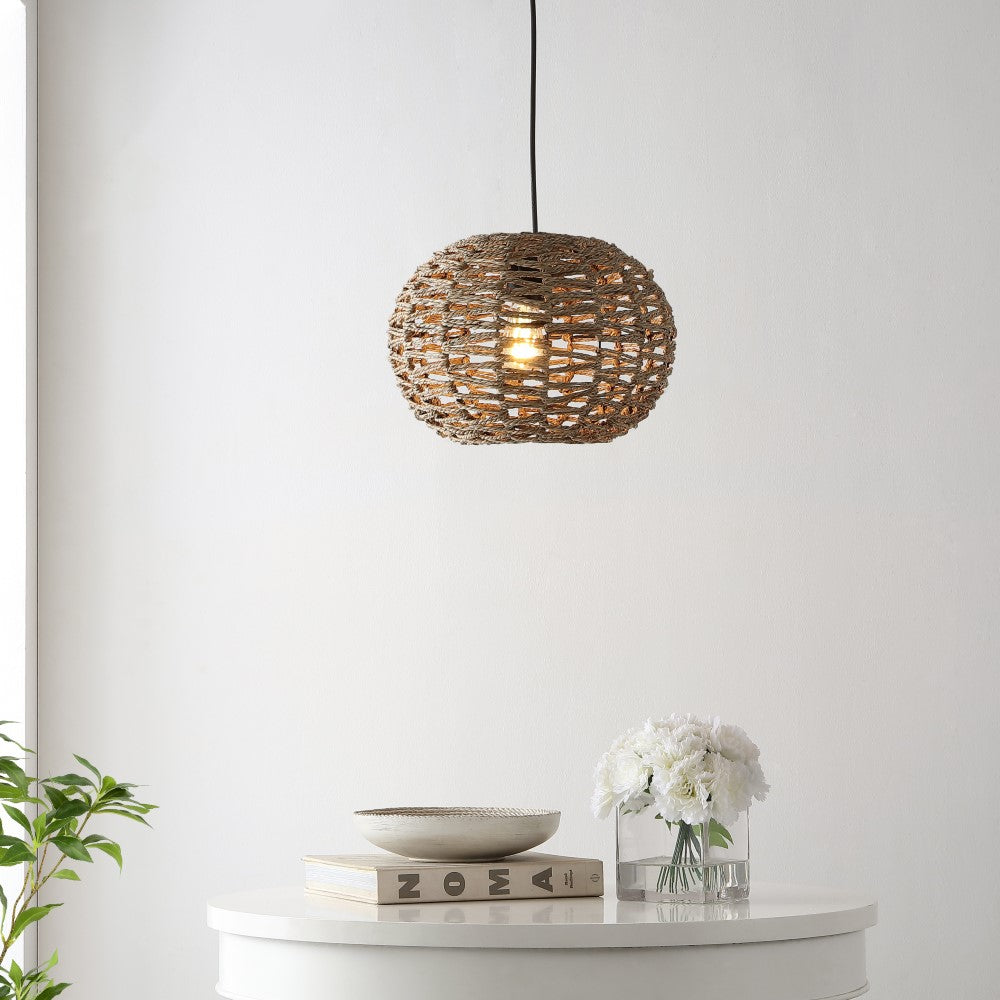 Hoot 14" Farmhouse Coastal Rattan 180" Cord Plug-In or Hardwired LED Pendant