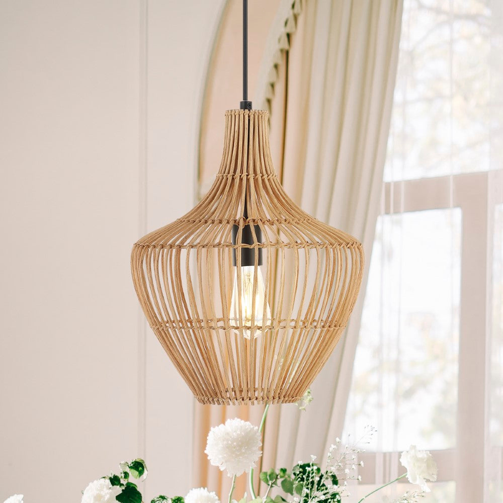 Nautical 13" Farmhouse Coastal Rattan 180" Cord Plug-In or Hardwired LED Pendant