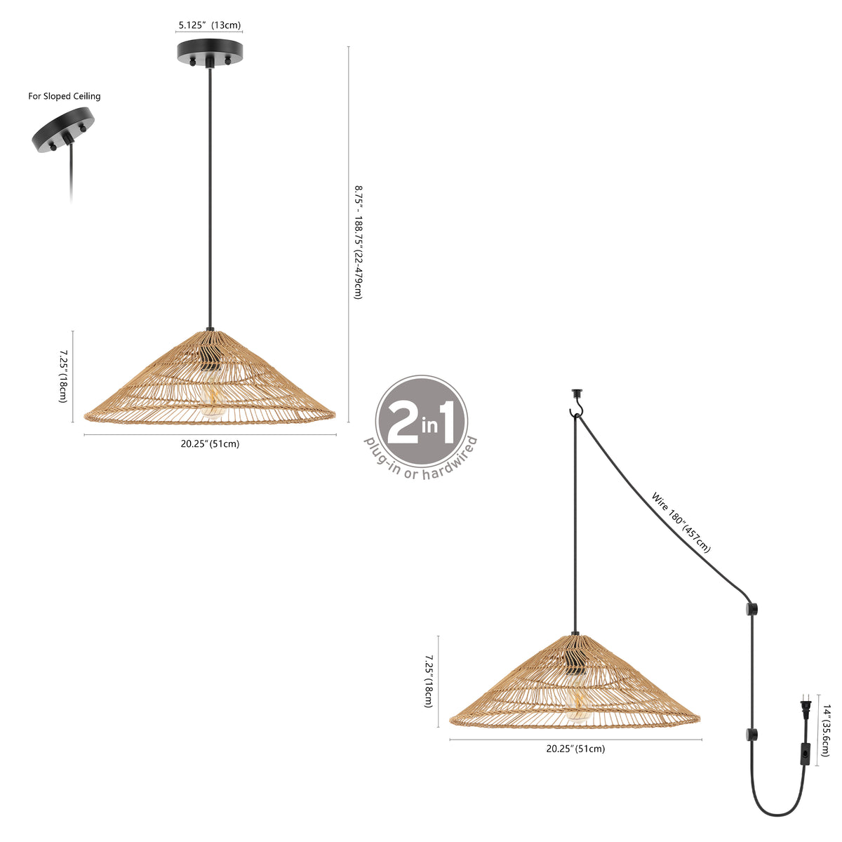 Taylor 20.25" Farmhouse Coastal Rattan 180" Cord Plug-In or Hardwired LED Pendant