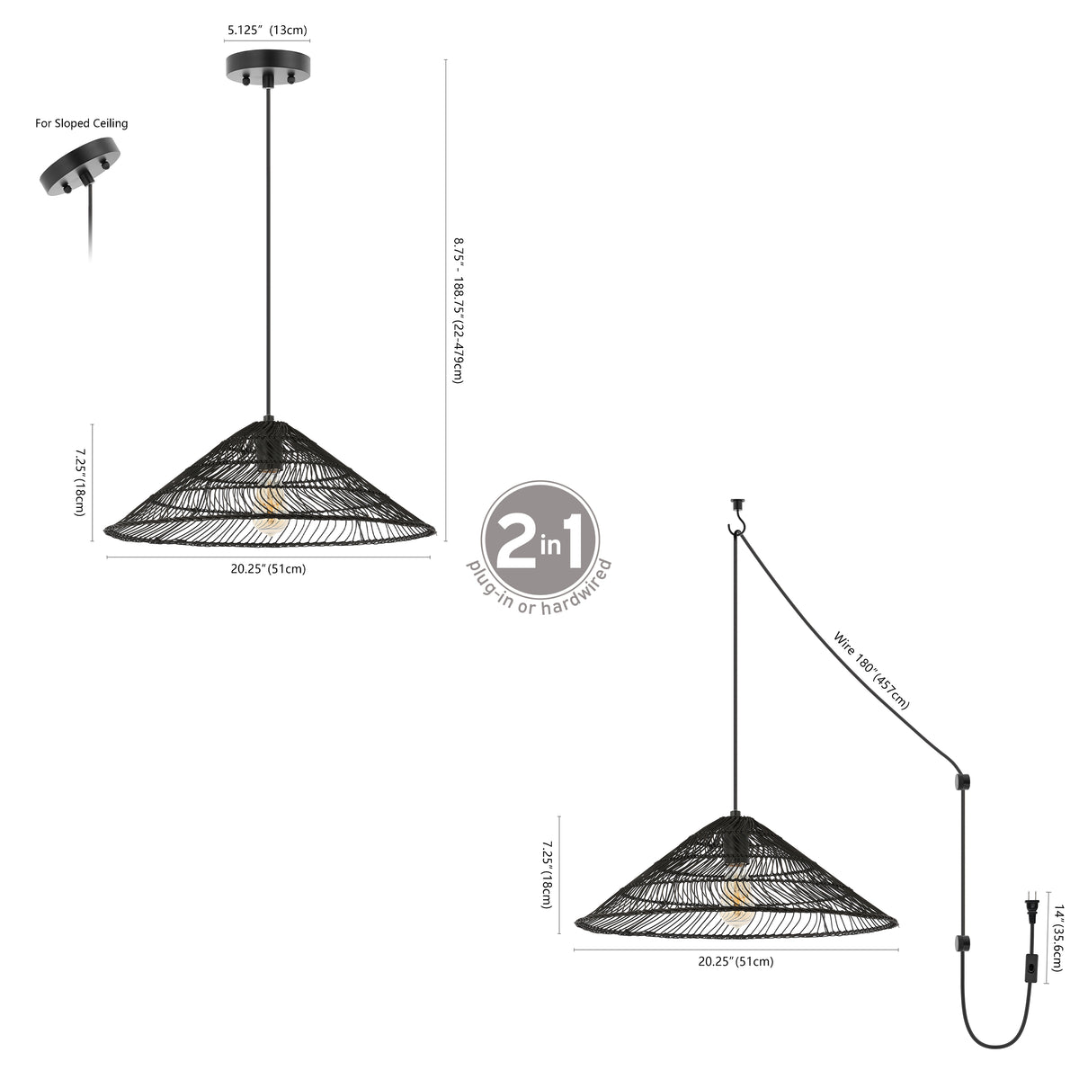 Taylor 20.25" Farmhouse Coastal Rattan 180" Cord Plug-In or Hardwired LED Pendant