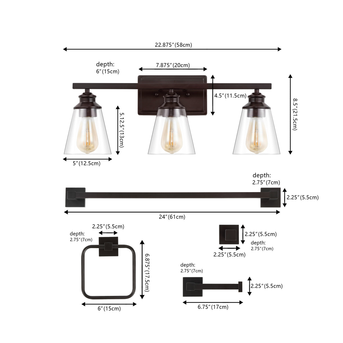 Teamson 22.88" 3-Light Vintage Classic Vanity Light with Bathroom Hardware Accessory Set