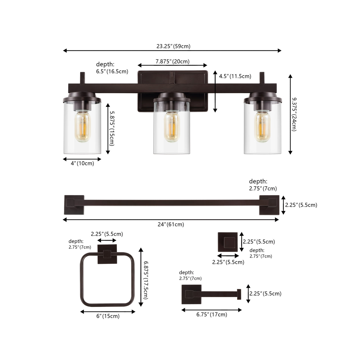 Liwuu 23.25" 3-Light Farmhouse Industrial Vanity Light with Bathroom Hardware Accessory Set