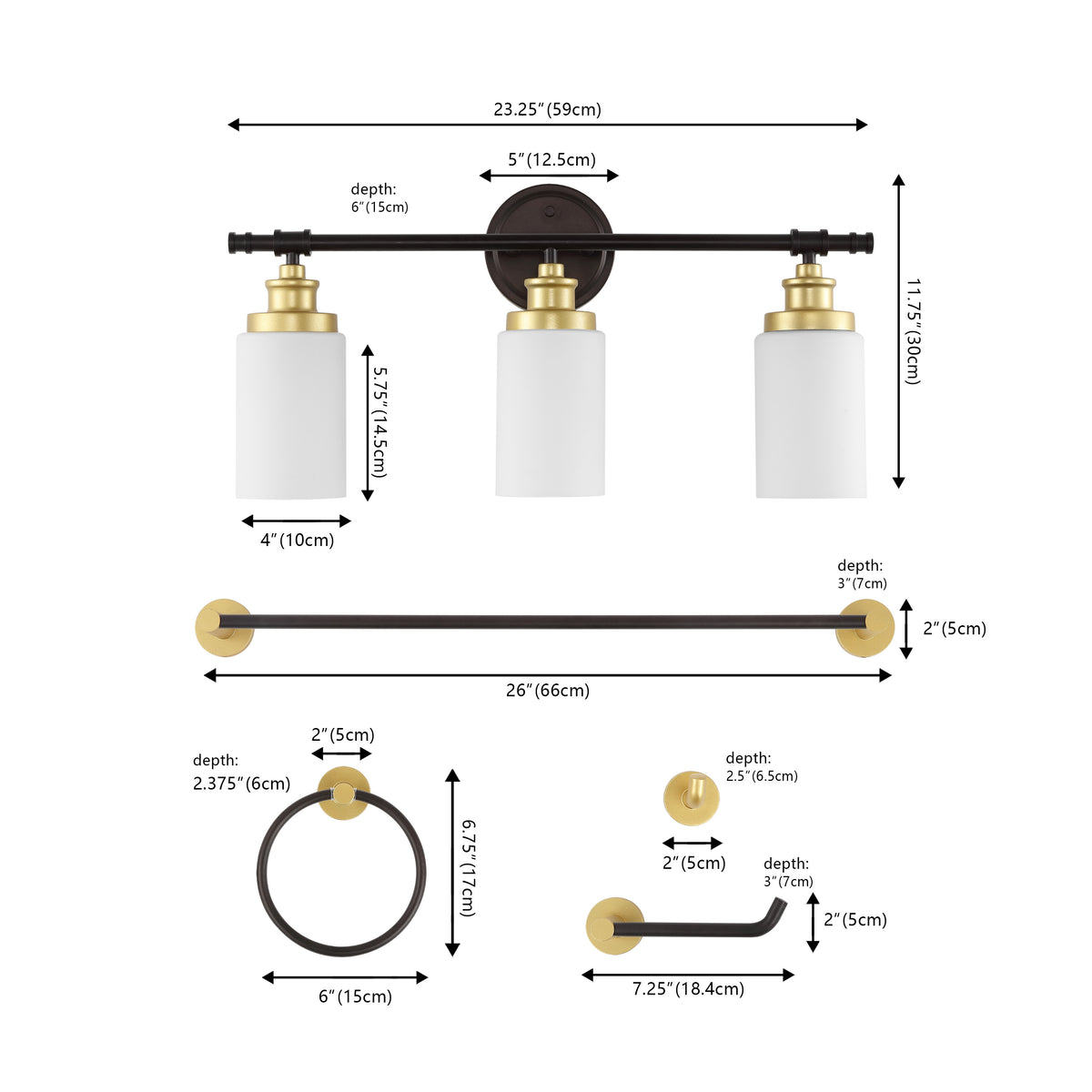 Eidonta 23.25" 3-Light Classic Cottage Vanity Light with Frosted Glass Shades and Bathroom Hardware Accessory Set