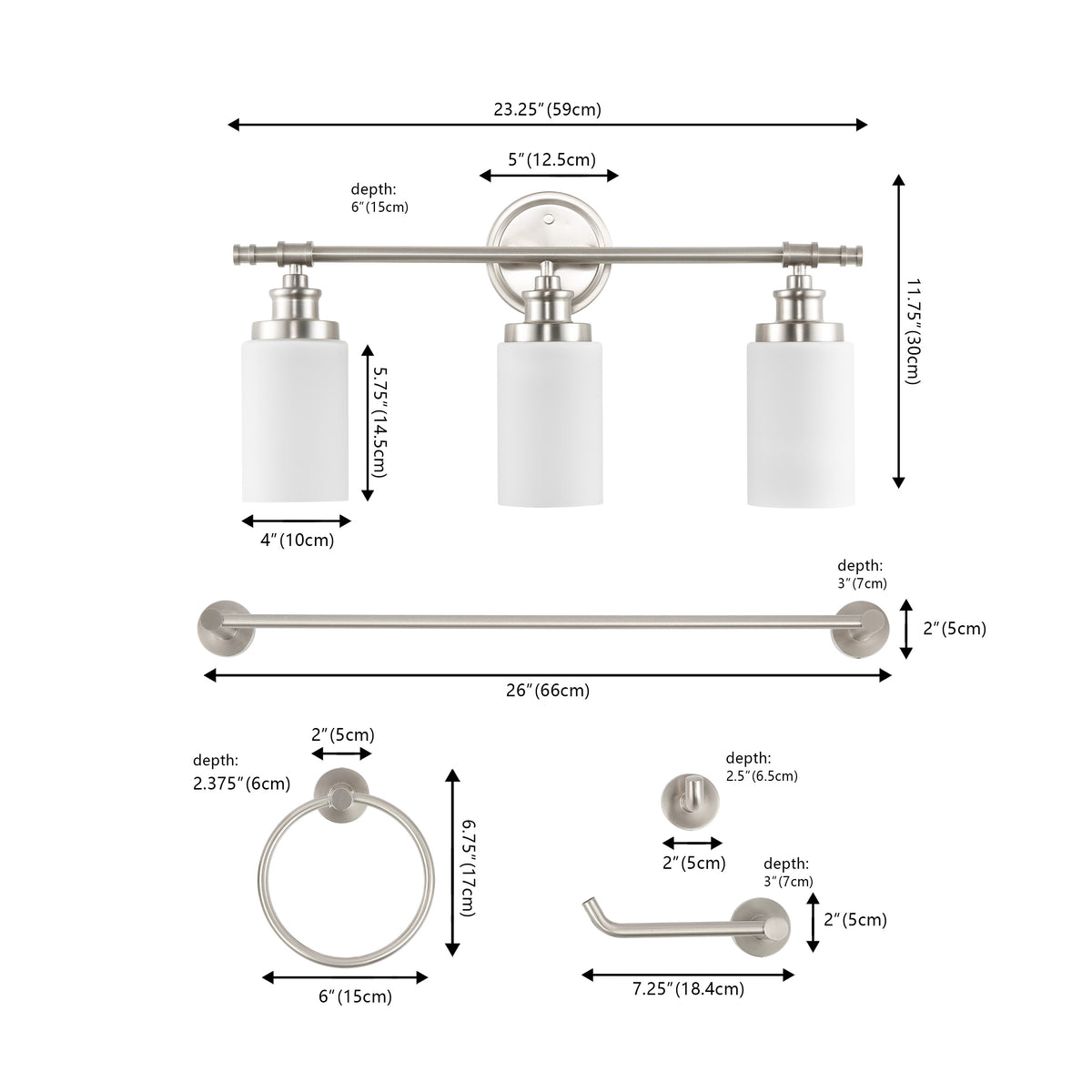 Eidonta 23.25" 3-Light Classic Cottage Vanity Light with Frosted Glass Shades and Bathroom Hardware Accessory Set