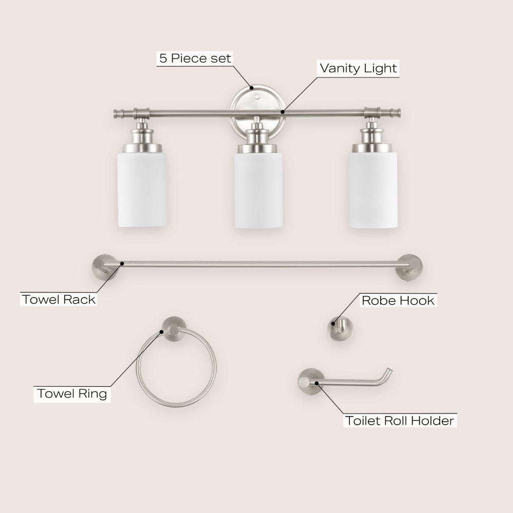 Eidonta 23.25" 3-Light Classic Cottage Vanity Light with Frosted Glass Shades and Bathroom Hardware Accessory Set