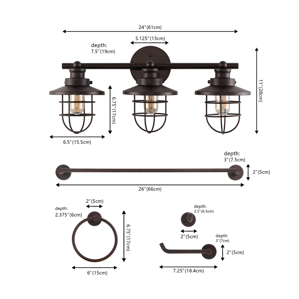 Veneto 24" 3-Light Industrial Farmhouse Vanity Light with Bathroom Hardware Accessory Set