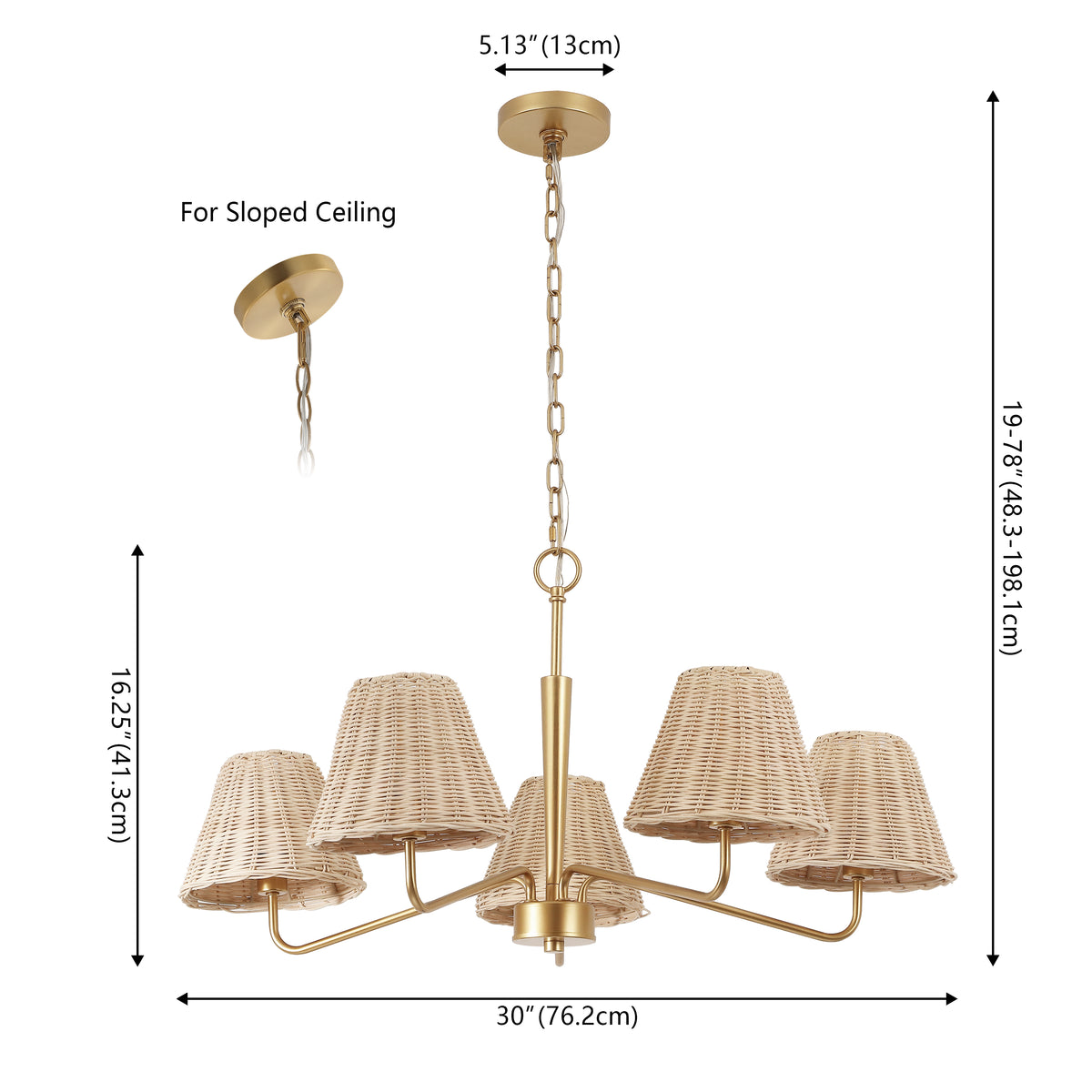 Sage 30" 5-Light Modern Coastal Sleek Woven Rattan/Iron LED Chandelier