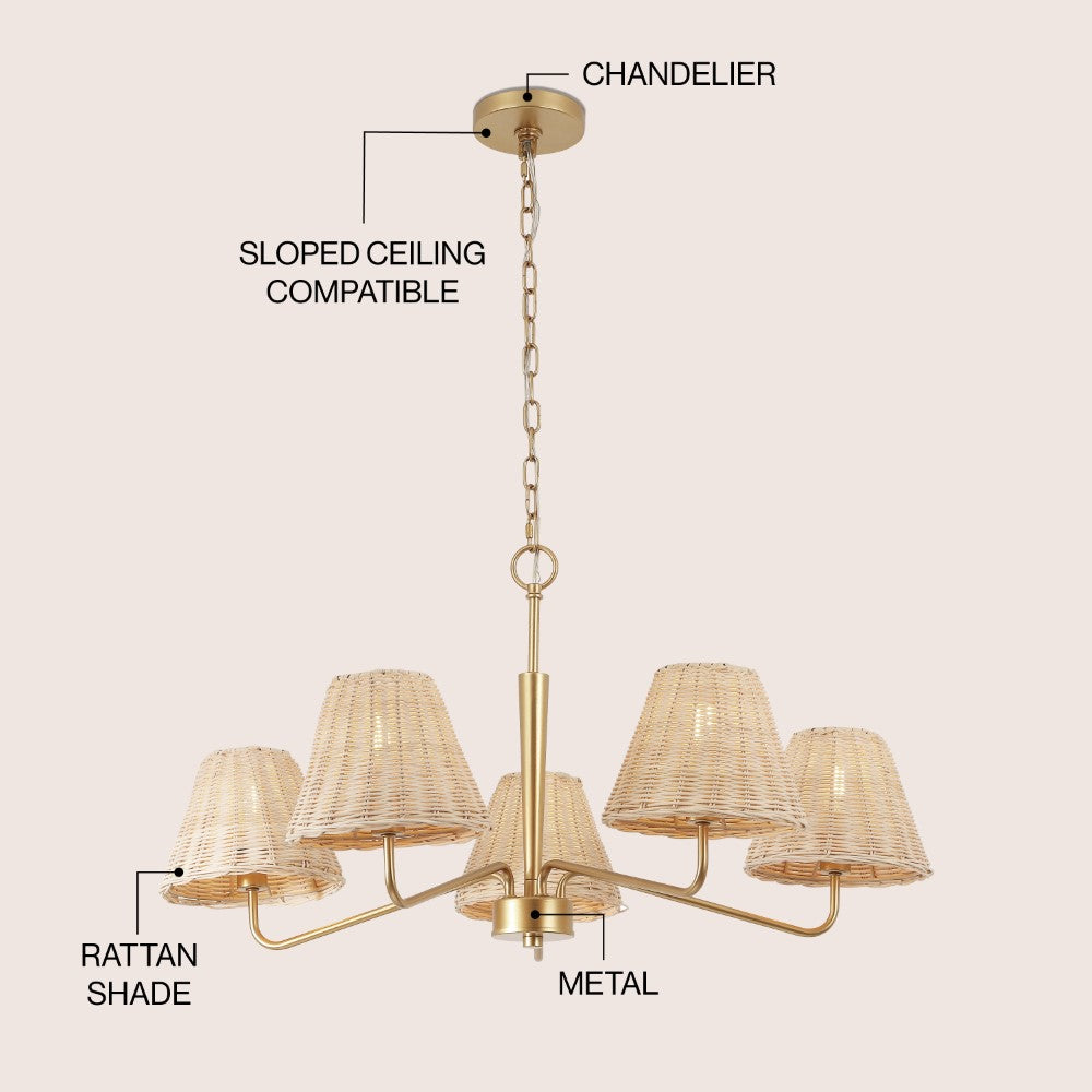 Sage 30" 5-Light Modern Coastal Sleek Woven Rattan/Iron LED Chandelier
