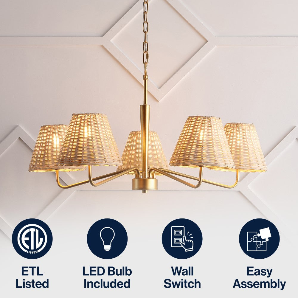Sage 30" 5-Light Modern Coastal Sleek Woven Rattan/Iron LED Chandelier