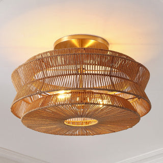 Maya 23.75" 2-Light Bohemian Farmhouse 2-Tier Metal Hand-Woven Paper Rope Tapered Drum LED Semi Flush Mount