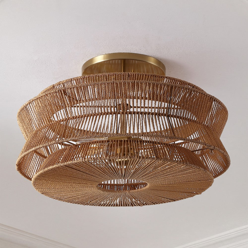 Maya 23.75" 2-Light Bohemian Farmhouse 2-Tier Metal Hand-Woven Paper Rope Tapered Drum LED Semi Flush Mount