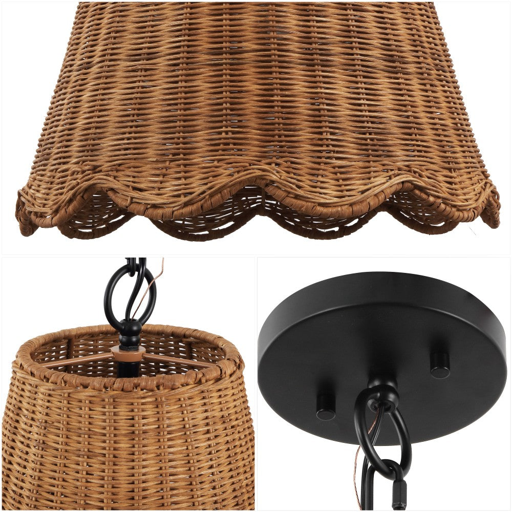 Maria 16" 3-Light Coastal Bohemian Adjustable Hand-Woven Rattan Tapered Scalloped Cylinder LED Pendant