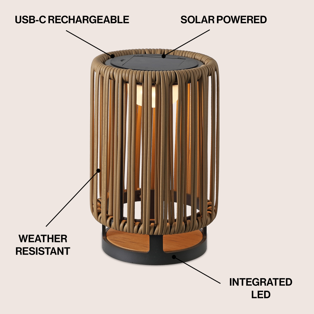 Billowy Modern Minimalist Faux Rattan Integrated Indoor/Outdoor LED Solar Powered Lantern