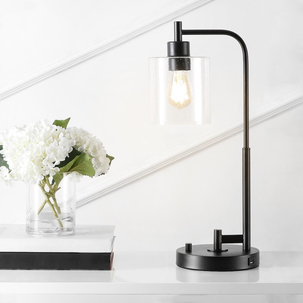 Green Modern 23" Iron/Seeded Glass Farmhouse Industrial USB Charging LED Task Lamp