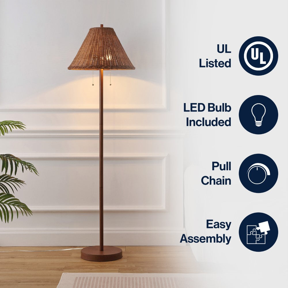 Rattan 61" Coastal Bohemian Iron/Rattan LED Floor Lamp with Pull-Chain