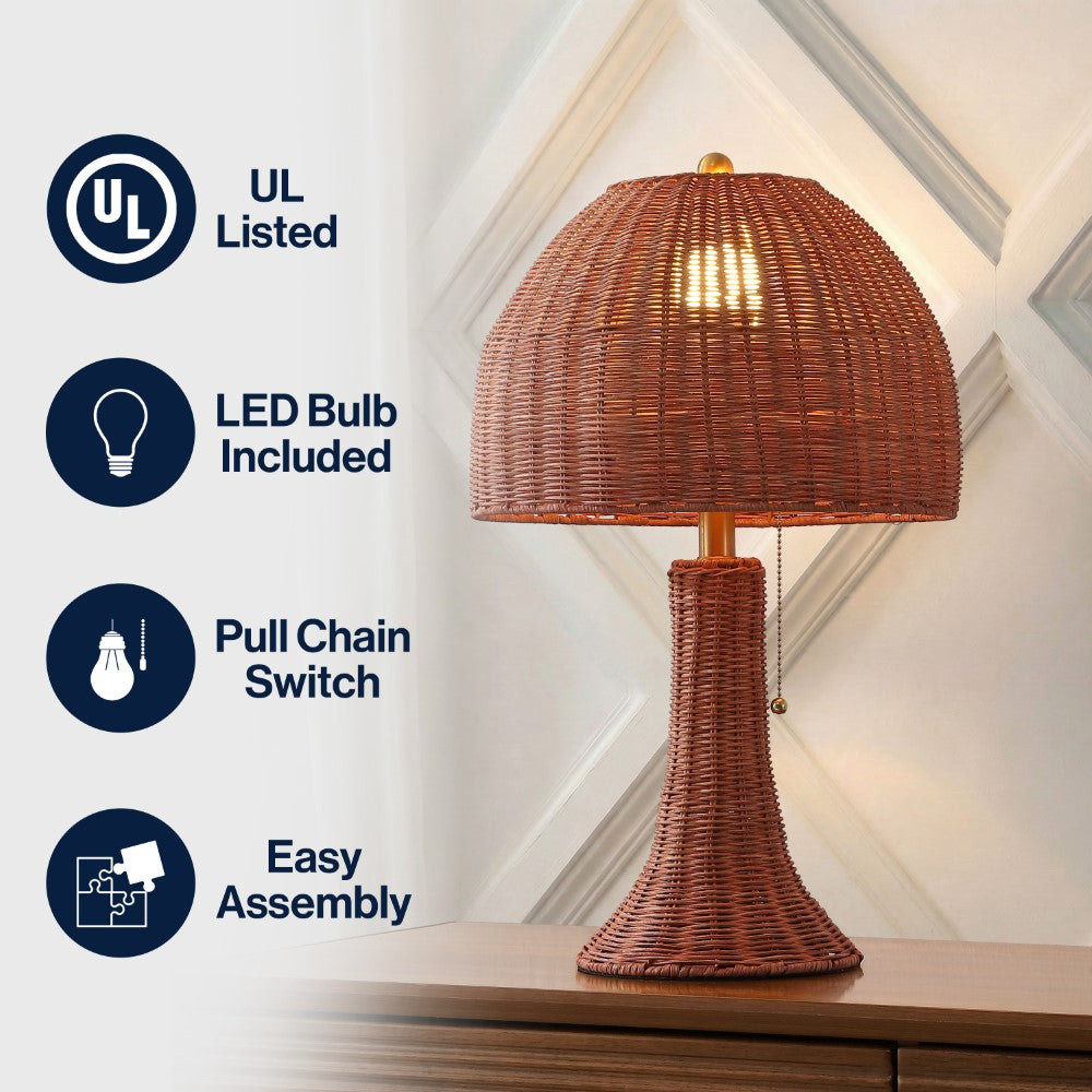 Joa  22" Bohemian Rustic Woven Rattan LED Table Lamp with Pull Chain
