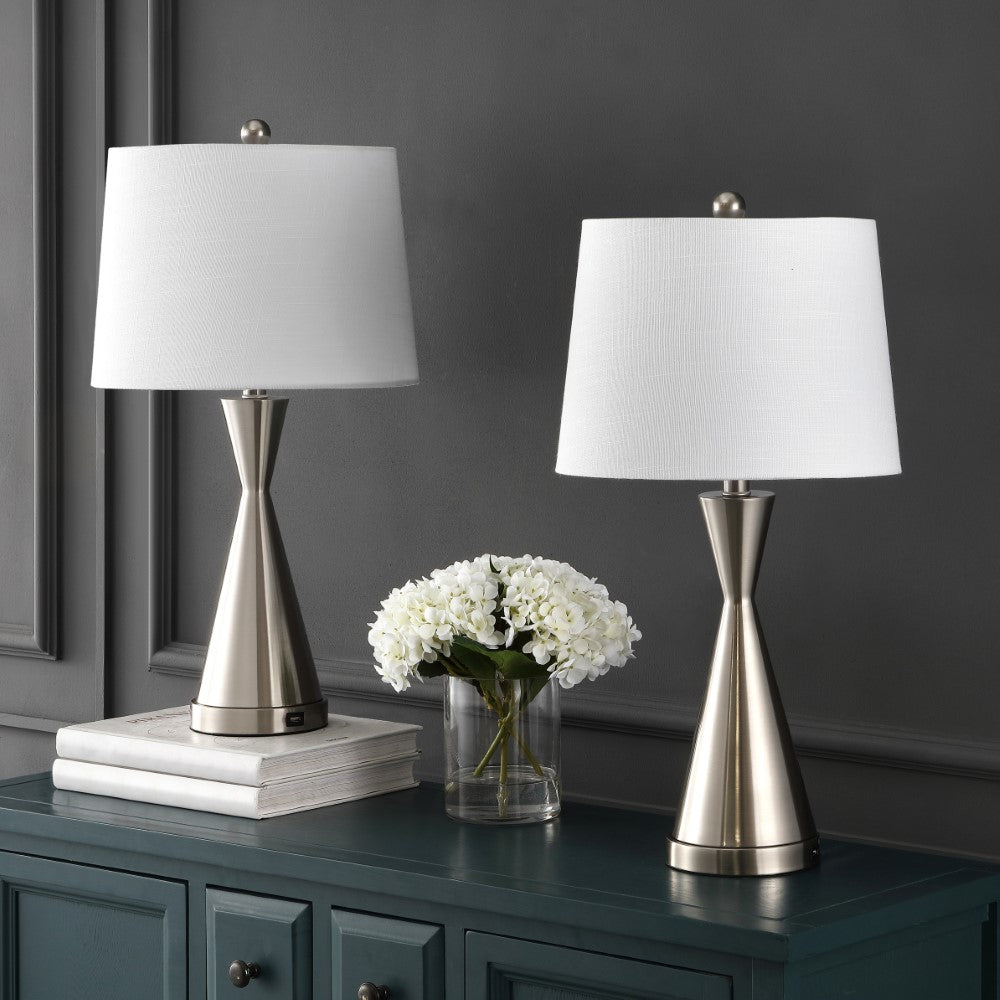 Geoff Brushed 26" Classic French Country Iron LED Table Lamp with USB Charging Port Set 2