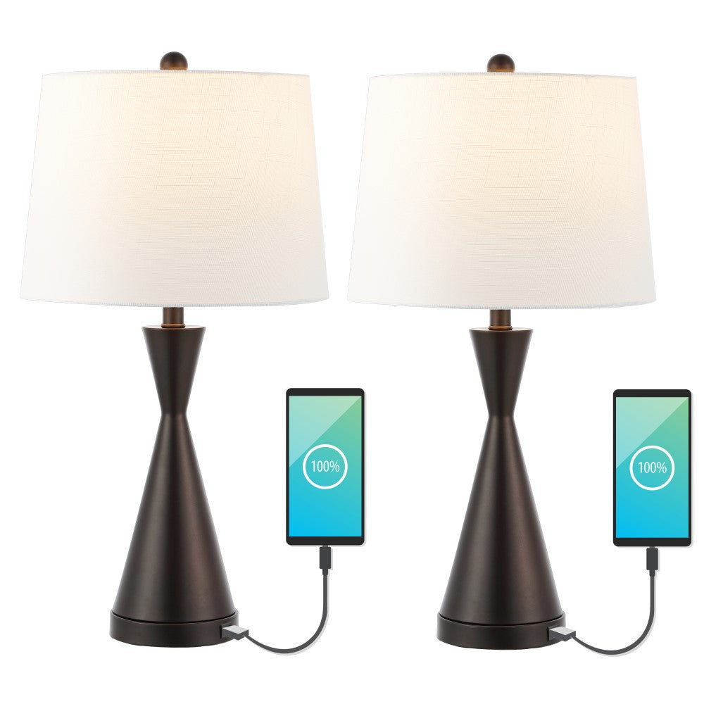 Geoff Brushed 26" Classic French Country Iron LED Table Lamp with USB Charging Port Set 2