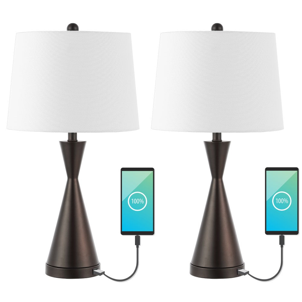 Geoff Brushed 26" Classic French Country Iron LED Table Lamp with USB Charging Port Set 2