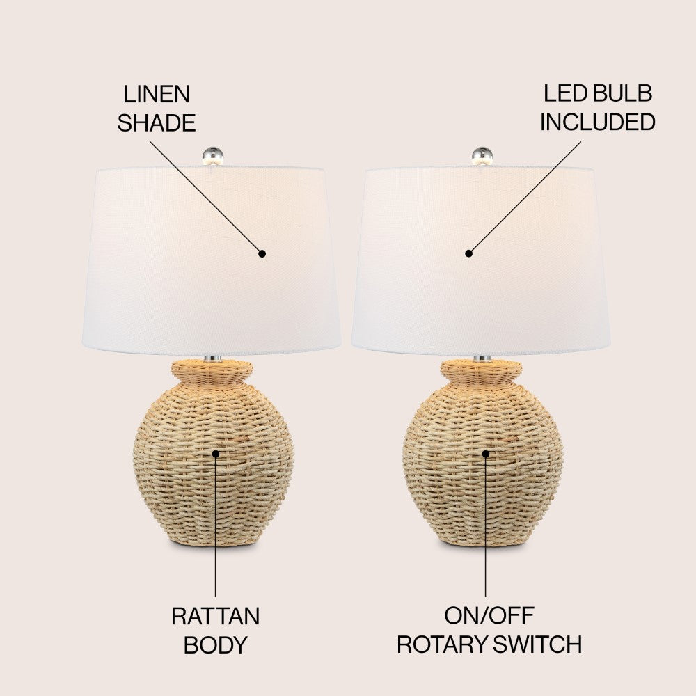 Bayou 22" Rustic Coastal Rattan Globe LED Table Lamps Set 2
