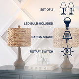 Campana 21" Rustic Farmhouse Handwoven Rattan/Resin LED Table Lamp Set 2