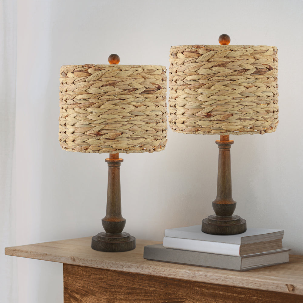 Campana 21" Rustic Farmhouse Handwoven Rattan/Resin LED Table Lamp Set 2