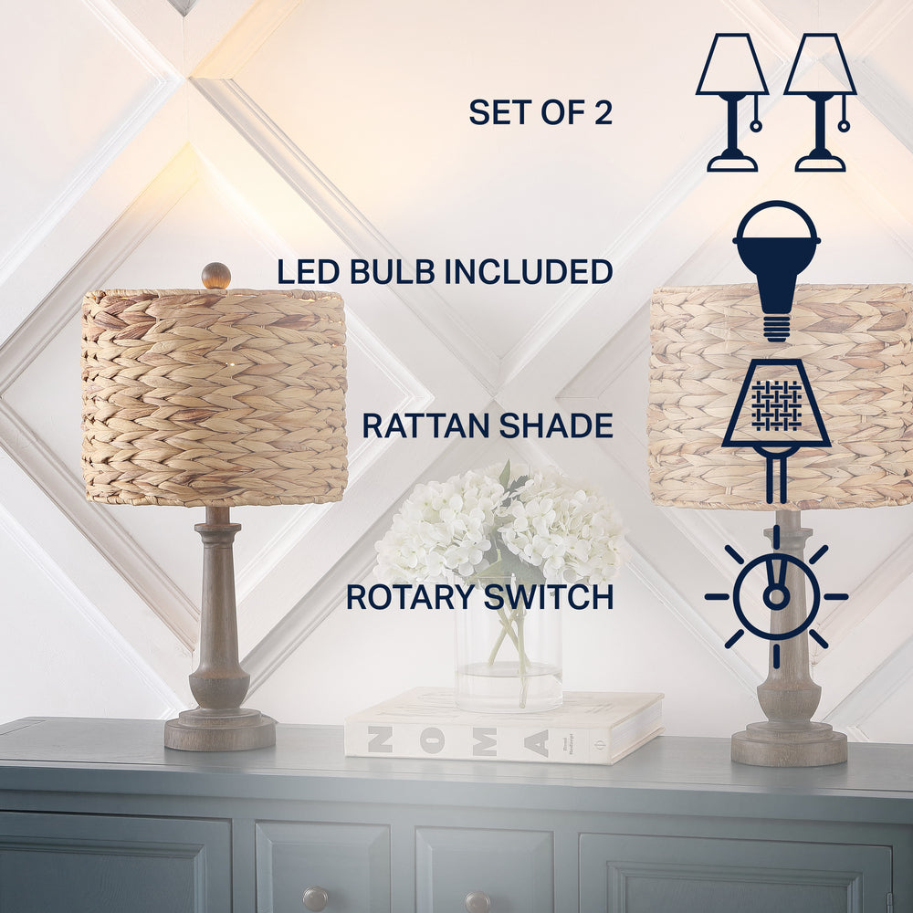 Dareau 21.25" Rustic Farmhouse Handwoven Rattan/Resin LED Table Lamp Set 2